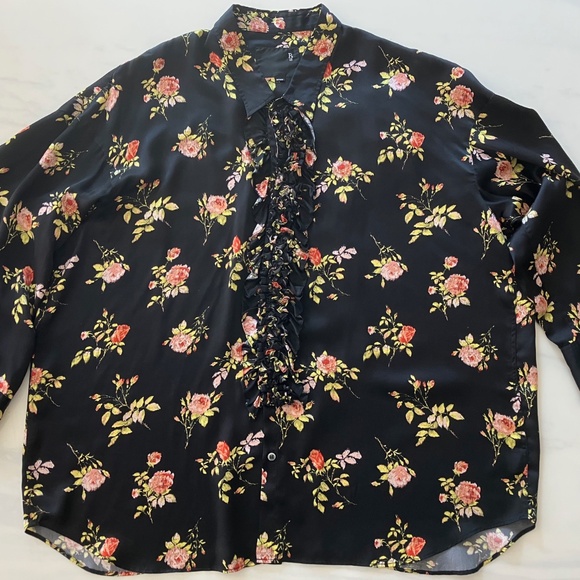 R13 Tops - R13 SILK Oversized Black Floral Drop Neck Tuxedo Shirt Size M